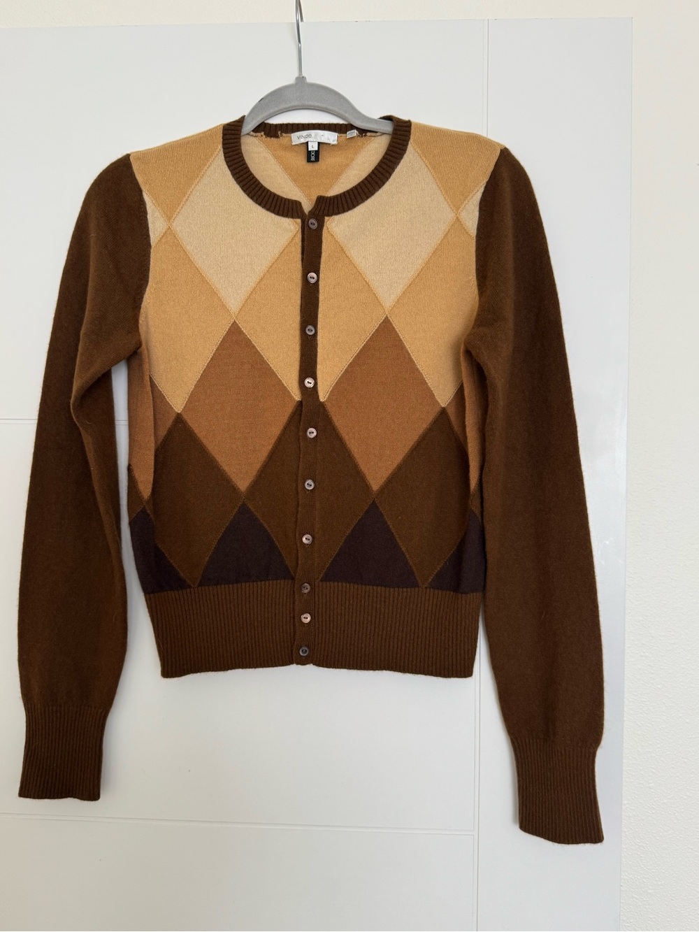 Vince Hand Cut Argyle Brown Cashmere Button Down Cardigan Sweater Size L